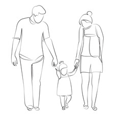One continuous line drawing on white isolated background. Minimalism linear illustration. child, father, mother, daughter, person, family, woman, girl, man, walking, happiness, love