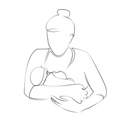 One continuous line drawing on white isolated background. Minimalism linear illustration. mother, child, newborn, breastfeed, care, motherhood, baby, son, breast