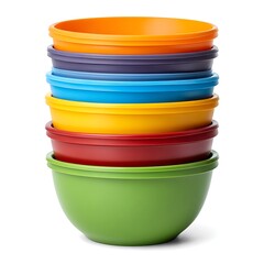 Stack of colorful ceramic bowls with decorative rims isolated on white background