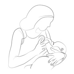 One continuous line drawing on white isolated background. Minimalism linear illustration. mother, feeding, bottle, newborn, care, family, lifestyle, togetherness, baby, love