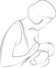 One continuous line drawing on white isolated background. Minimalism linear illustration. mother, children, care, woman, newborn, breastfeed, family, feeding, milk, love