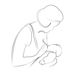 One continuous line drawing on white isolated background. Minimalism linear illustration. mother, children, care, woman, newborn, breastfeed, family, feeding, milk, love