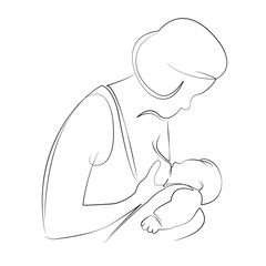 One continuous line drawing on white isolated background. Minimalism linear illustration. mother, children, care, woman, newborn, breastfeed, family, feeding, milk, love