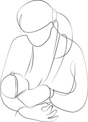 One continuous line drawing on white isolated background. Minimalism linear illustration. mother, children, newborn, family, care, female, breastfeed, baby, breast