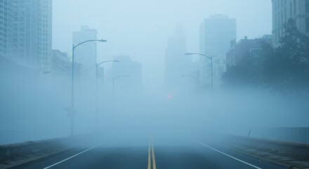 Foggy city streetscape with low visibility and atmospheric haze for weather and urban landscape photography