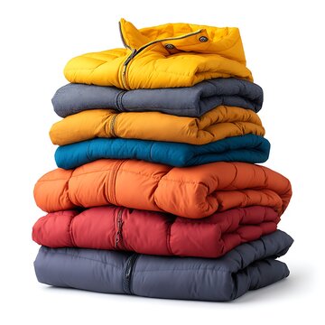 Stack of colorful folded puffer jackets isolated on white background