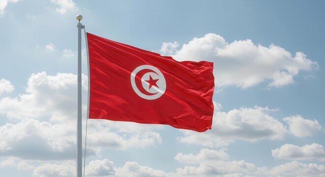 Tunisia National Flag Waving on Tall Flagpole in Sky with Clouds – Tunisia Independence Day Celebration, Patriotism, Freedom, Tunisia Culture & Heritage