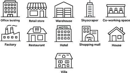 Set of eleven outlined vector icons representing various building types, including office building, retail store, warehouse, skyscraper, co-working space, factory, restaurant, hotel, shopping mall 