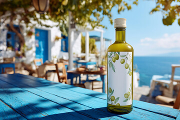 Obraz premium Bottle of olive oil on a blue table with a greek island cafe background