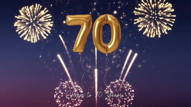 Golden balloon 70 graphic floating in night sky with text cheers to 70 years