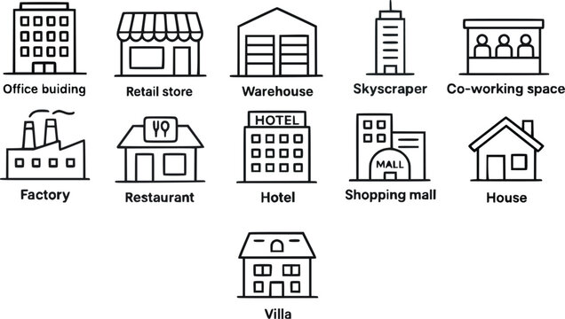 Set of eleven outlined vector icons representing various building types, including office building, retail store, warehouse, skyscraper, co-working space, factory, restaurant, hotel, shopping mall 