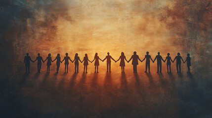 Human silhouettes holding hands across borders flat lay with earthy tones representing unity and global human fraternity awareness