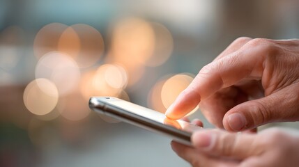 Close-up of fingers scrolling on a mobile phone with blurred background