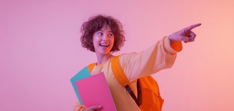 The enthusiastic student pointing while holding colorful books and wearing a backpack.