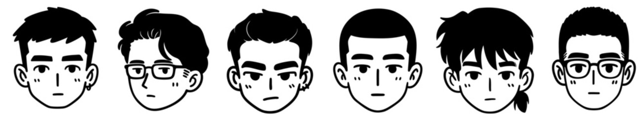 Korean boy avatar icons in black. webtoon-style male characters set with trendy hairstyles, glasses, piercings and expressive faces. for profile pics, stickers, K-pop aesthetic, and youth story design