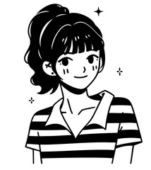 Confident anime-style girl with ponytail and striped shirt. smiling webtoon character with expressive eyes, dynamic pose, sparkling aura, youthful energy, modern Korean fashion, artistic personality.