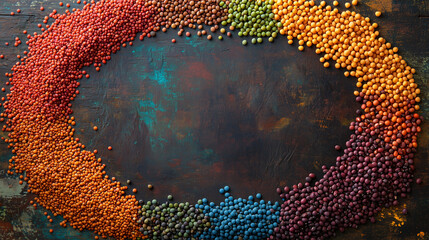 Colorful pulses arranged in circular pattern on rustic wooden background top view symbolizing healthy plant based food for world pulses day