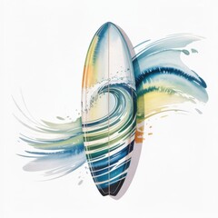 Colorful Watercolor Illustration of a Surfboard With Dynamic Wave Patterns in Vibrant Shades