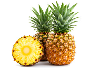 Fresh Ripe Pineapples: Whole and Sliced Tropical Fruit on White