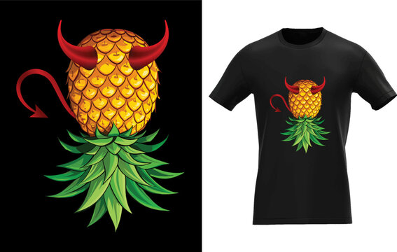 Humorous devilish pineapple with horns and a swinger lifestyle theme presented as a bold silhouette for apparel or advertising