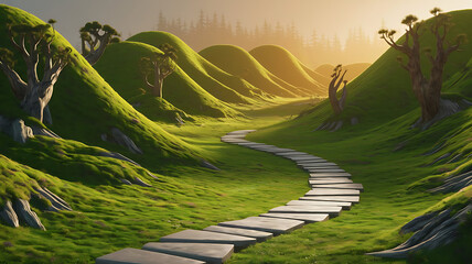 Landscape with green grass and mountains