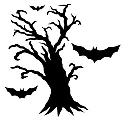 Spooky silhouette of a bare twisted tree with flying bats. Halloween-themed black, haunted forest, supernatural presence, eerie night atmosphere, horror design, witchcraft visuals