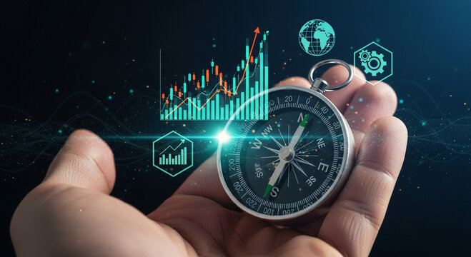 Person holding a compass with financial data visualizations and icons