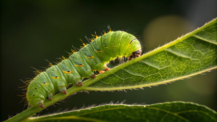 extreme macro photograph of a vivid green caterpillar slowly crawling along the edge of a fresh green leaf