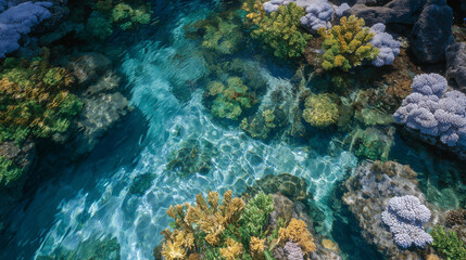 Aerial underwater perspective of coral reef in atoll lagoon, various coral structures form natural patterns, visible gradient of blue water from shallow to deep, dotted with starfi