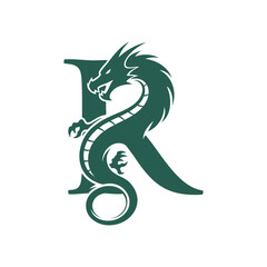Dragon with Letter R Monogram Mascot Logo Design, Dragon wrapped around letter R, Stylized Lettermark Logo, Vector Illustration.