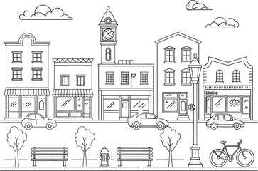Obraz premium Charming Black and White Line Drawing of a Town Street Scene
