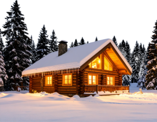 Cozy Cabin in the Snow with Smoke Curling Under a Starry Sky – Transparent PNG