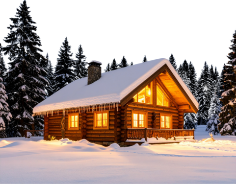 Cozy Cabin in the Snow with Smoke Curling Under a Starry Sky – Transparent PNG