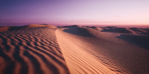 The vast desert landscape showcasing undulating sand dunes at sunset.