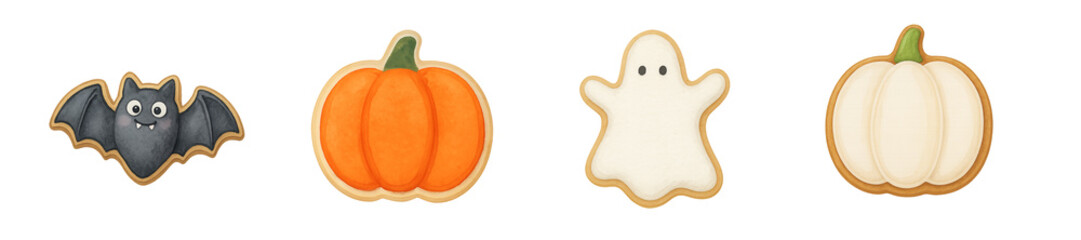 Halloween sugar cookies &mdash; iced gingerbread in the shape of a bat, ghost, and pumpkins (orange and white) 