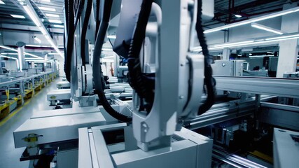 In a high-tech factory, robotic arms move with precision to assemble products. The smooth operation of these machines exemplifies the integration of automation and innovation in modern manufacturing.