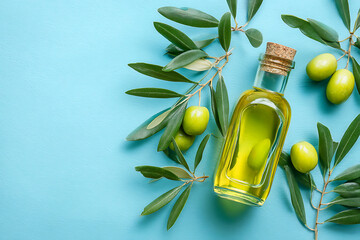 Glass bottle of golden olive oil with fresh olives and branches on a blue background