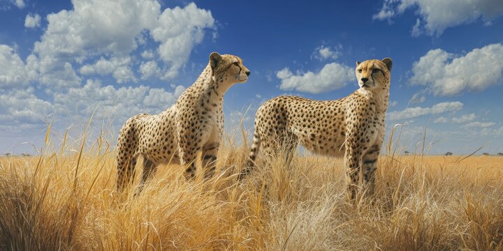 The majestic cheetahs standing gracefully in the golden grasslands.