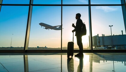 Silhouette of a traveler with luggage in an airport terminal, watching an airplane take off at sunrise. Concept of a journey, departure, and business travel.