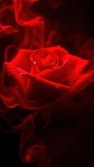 Naklejka premium Stunning red rose entwined with ethereal red smoke, evoking passion and mystery.