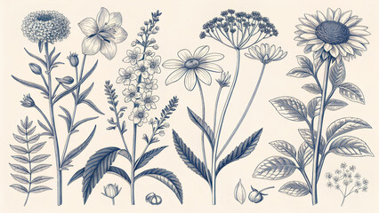 Vintage botanical line art–flora illustrations