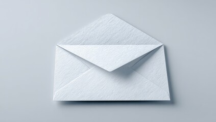 An open, light gray envelope rests on a muted gray background.  The envelope's texture is slightly rough, almost papery.  Folded flaps and creases are visible