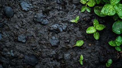 Top view of muddy wetland soil with droplets and sprouts symbolizing ecosystem health and world wetlands awareness