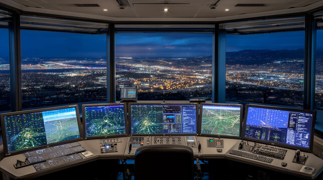 Wide interior view of modern control tower at night, large panoramic screens display real-time aircraft tracking, glowing flight paths in yellow and white arcs stretch across the m