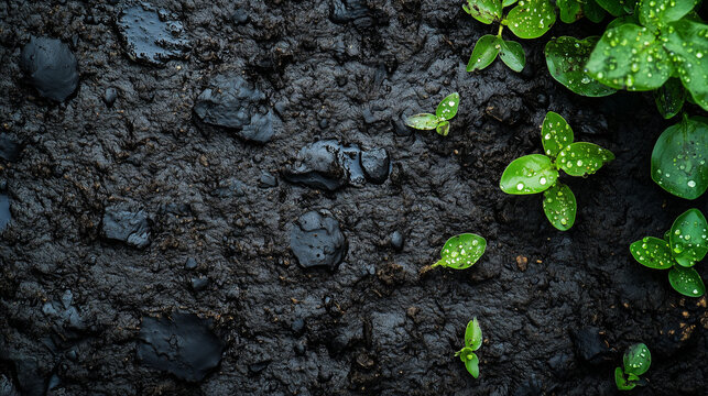Top view of muddy wetland soil with droplets and sprouts symbolizing ecosystem health and world wetlands awareness