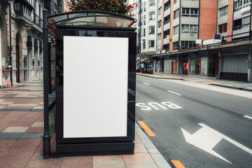 Blank vertical advertising mockup on a modern glass bus stop shelter in an urban street setting,...