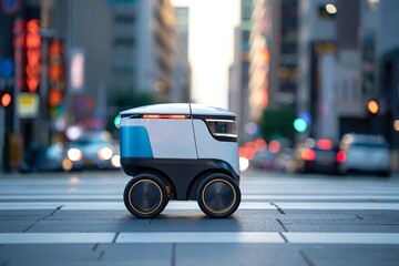 Self-driving delivery robot navigating pedestrian crossing, smart city technology with package compartment
