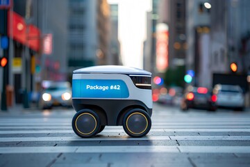 Autonomous delivery robot crossing busy urban street,  logistics in modern city environment