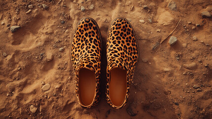 Leopard print shoes with desert trail background top view representing adventure and awareness for arabian leopard day