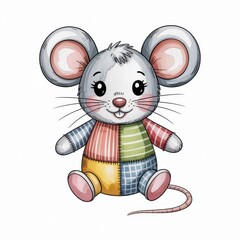 Cute Watercolor Illustration of a Smiling Patchwork Mouse Character